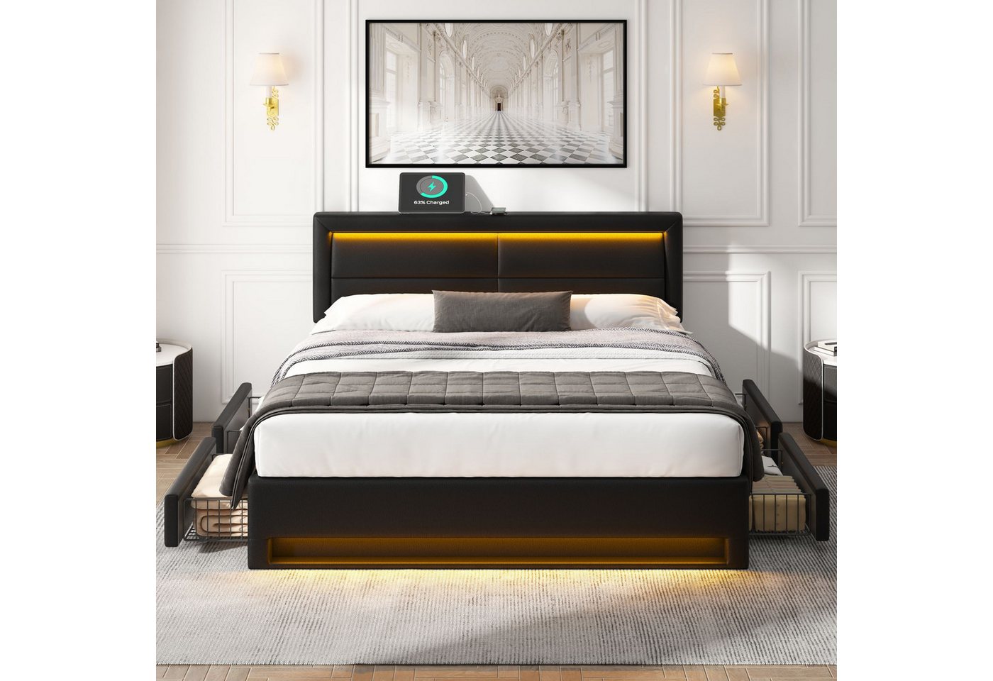 Flieks Polsterbett, LED Doppelbett 140x200cm mit USB-Anschluss und 4 Schubladen – Bild 2 von 5