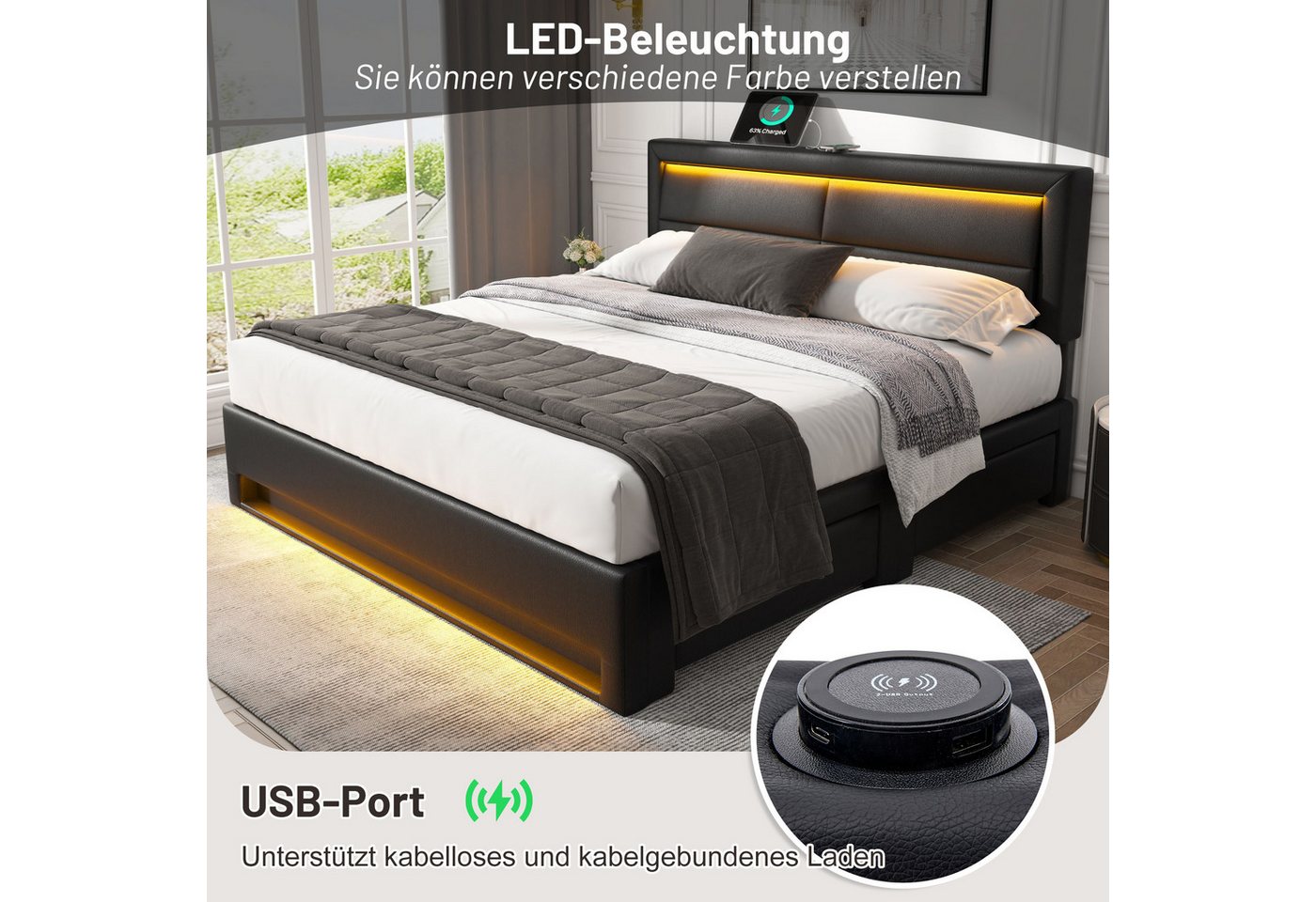 Flieks Polsterbett, LED Doppelbett 140x200cm mit USB-Anschluss und 4 Schubladen – Bild 3 von 5