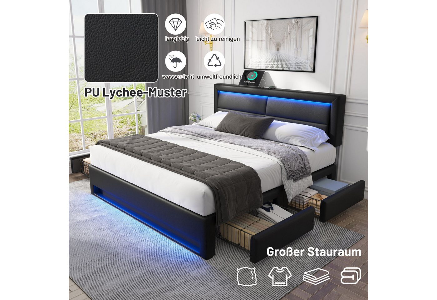 Flieks Polsterbett, LED Doppelbett 140x200cm mit USB-Anschluss und 4 Schubladen – Bild 4 von 5