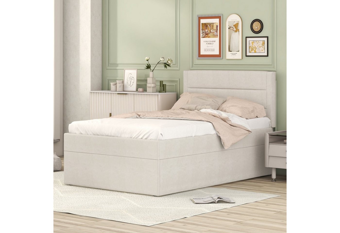Flieks Polsterbett, Boxbett Einzelbett mit Stauraum Leinen 90x200cm – Bild 2 von 5