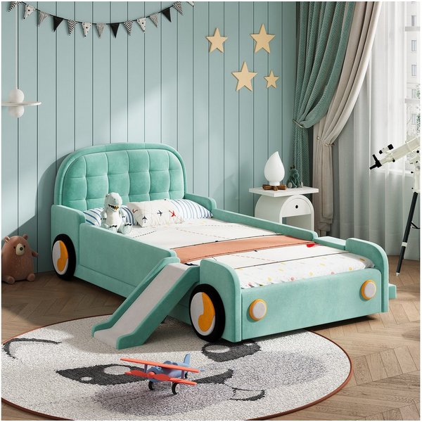 Flieks Polsterbett Autobett, Kinderbett 90x200cm mit Rutsche und Treppe, links/rechts montierbar