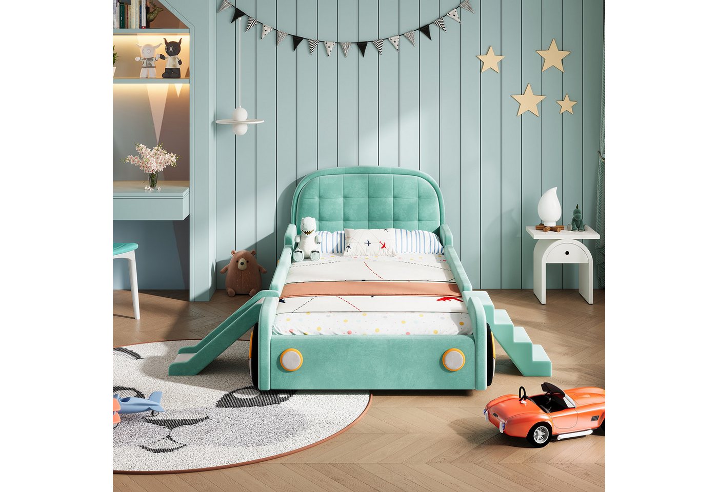 Flieks Polsterbett Autobett, Kinderbett 90x200cm mit Rutsche und Treppe, links/rechts montierbar – Bild 2 von 5