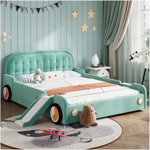 Flieks Polsterbett Autobett, Kinderbett 140x200cm mit Rutsche und Treppe, links/rechts montierbar