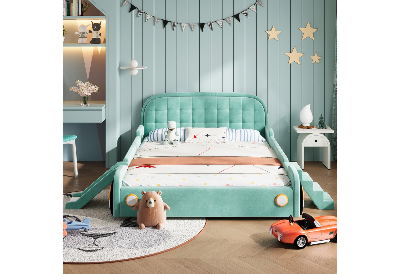Flieks Polsterbett Autobett, Kinderbett 140x200cm mit Rutsche und Treppe, links/rechts montierbar – Bild 2 von 5