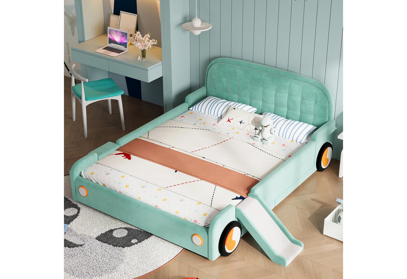 Flieks Polsterbett Autobett, Kinderbett 140x200cm mit Rutsche und Treppe, links/rechts montierbar – Bild 3 von 5