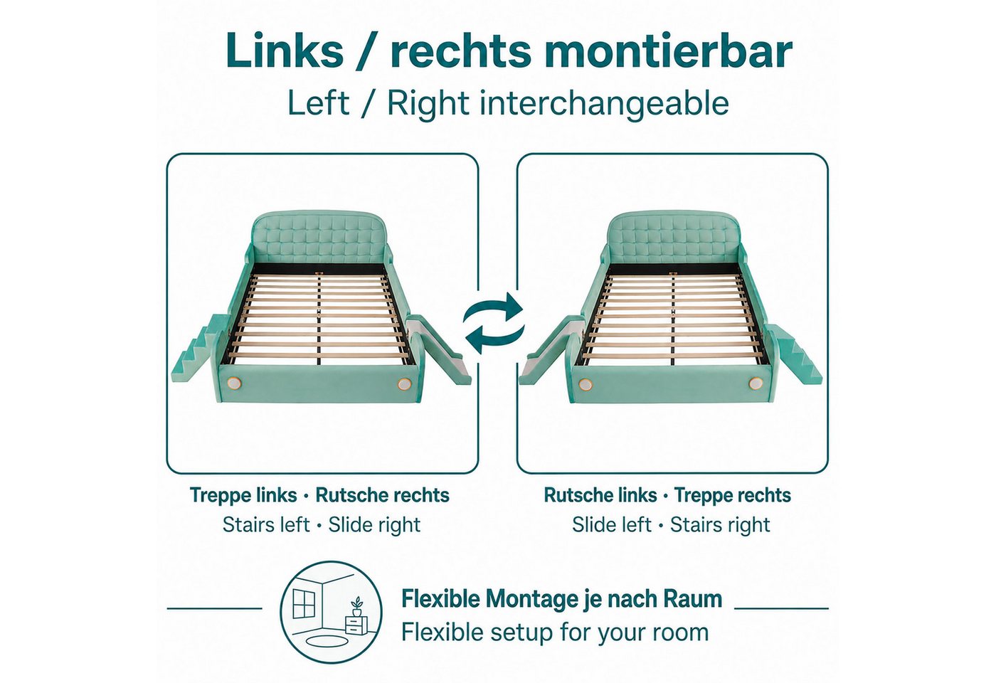 Flieks Polsterbett Autobett, Kinderbett 140x200cm mit Rutsche und Treppe, links/rechts montierbar – Bild 5 von 5