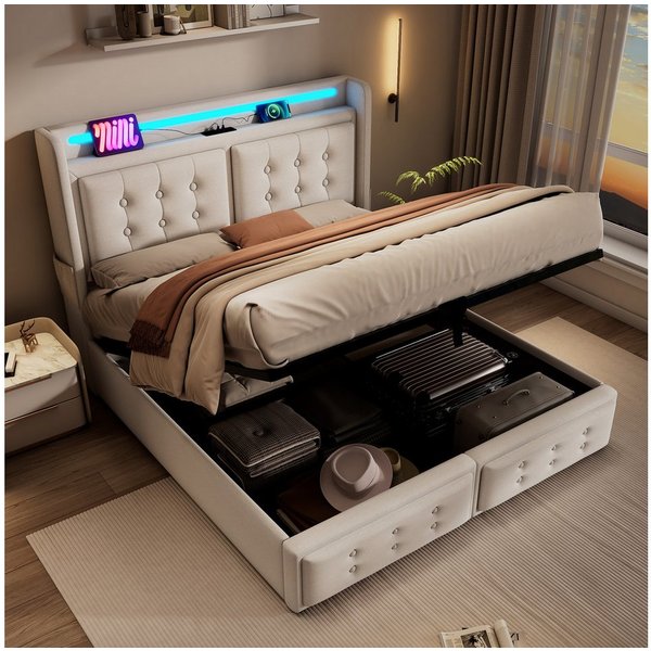 Flieks Polsterbett, LED Doppelbett 160x200cm mit Ladefunktion und hydraulischem Stauraum
