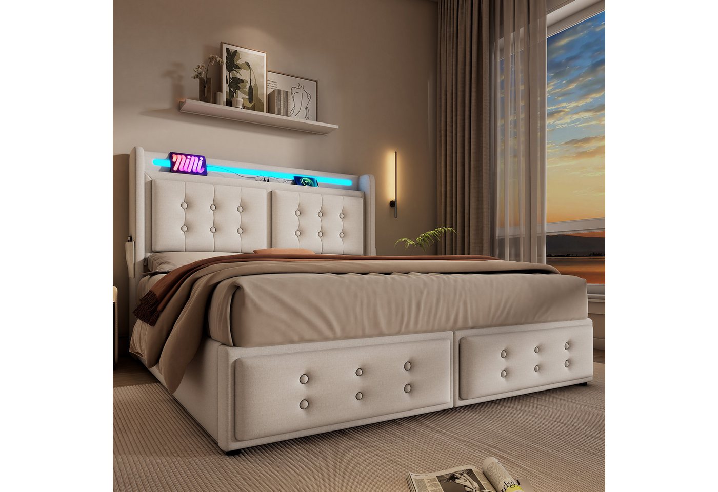 Flieks Polsterbett, LED Doppelbett 160x200cm mit Ladefunktion und hydraulischem Stauraum – Bild 2 von 5