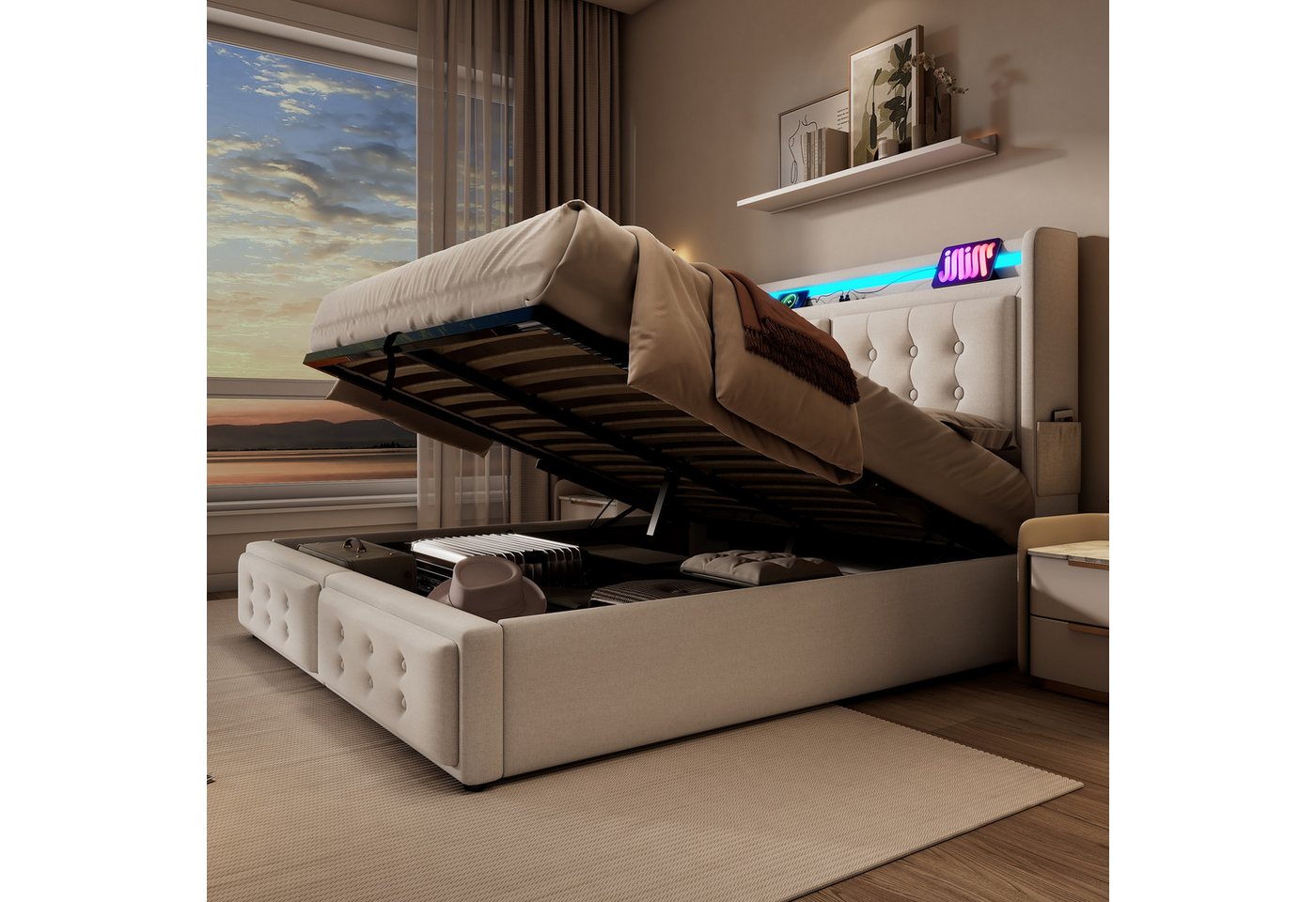 Flieks Polsterbett, LED Doppelbett 160x200cm mit Ladefunktion und hydraulischem Stauraum – Bild 3 von 5