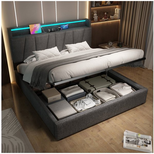 Flieks Polsterbett, Hydraulisches Doppelbett 140x200cm Stauraumkopfteil LED-Beleuchtung