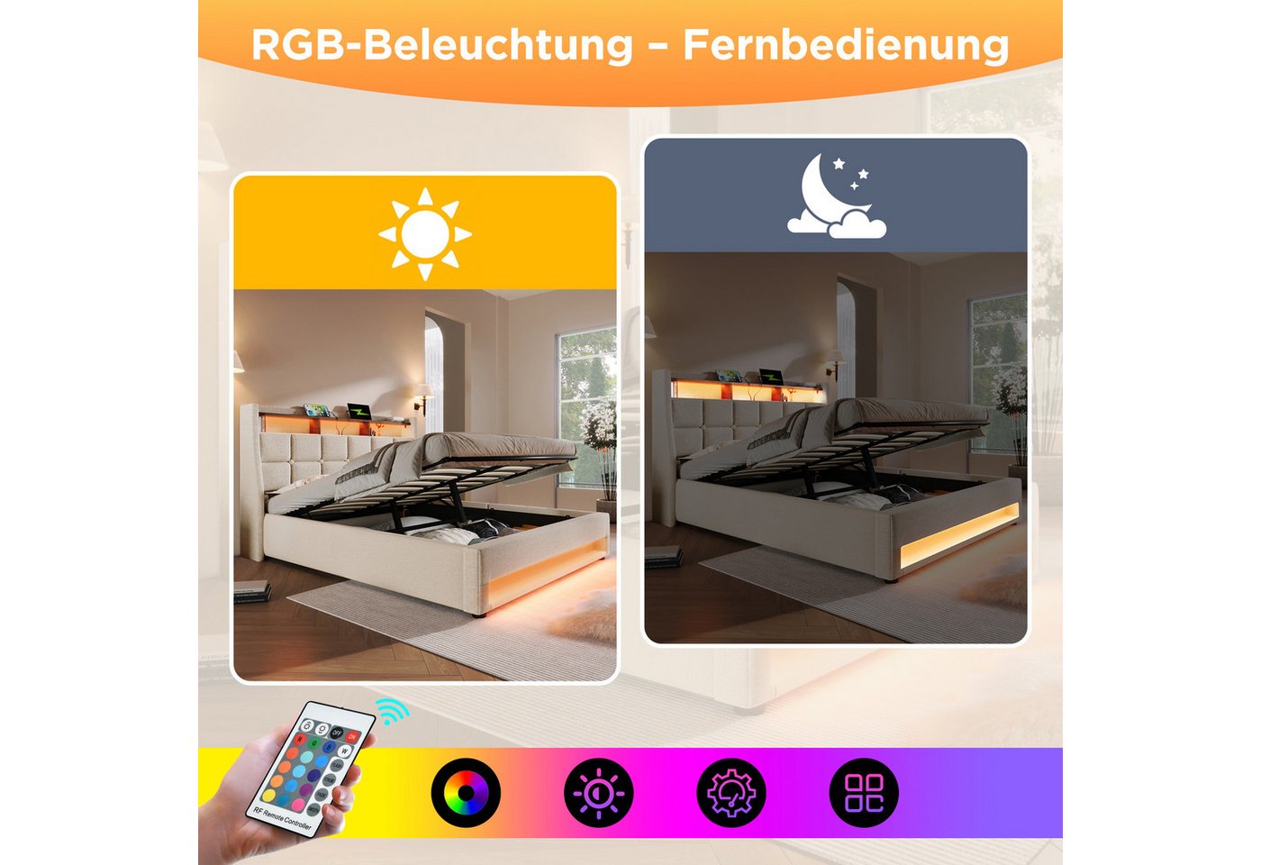 Flieks Polsterbett, LED Hydraulisches Stauraumbett Doppelbett 180x200cm mit Ladefunktion – Bild 4 von 5