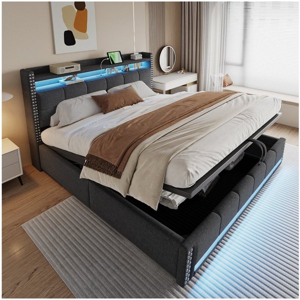 Flieks Polsterbett, LED Hydraulisches Stauraumbett Doppelbett 180x200cm mit USB-Aufladen