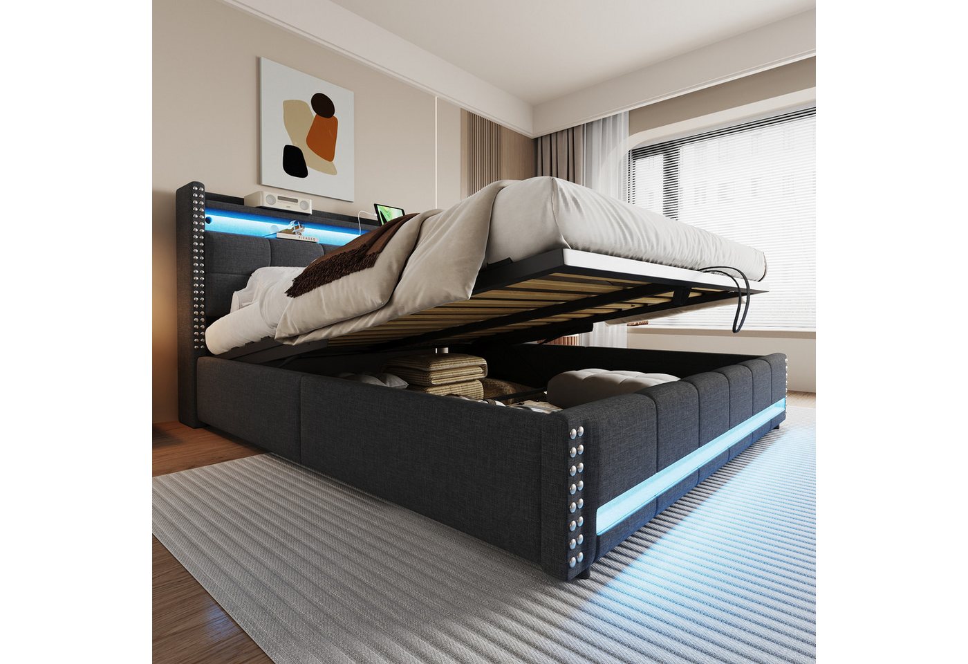 Flieks Polsterbett, LED Hydraulisches Stauraumbett Doppelbett 180x200cm mit USB-Aufladen – Bild 2 von 5
