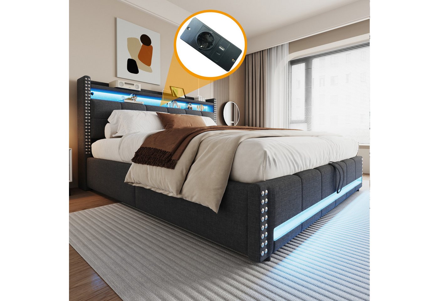 Flieks Polsterbett, LED Hydraulisches Stauraumbett Doppelbett 180x200cm mit USB-Aufladen – Bild 3 von 5