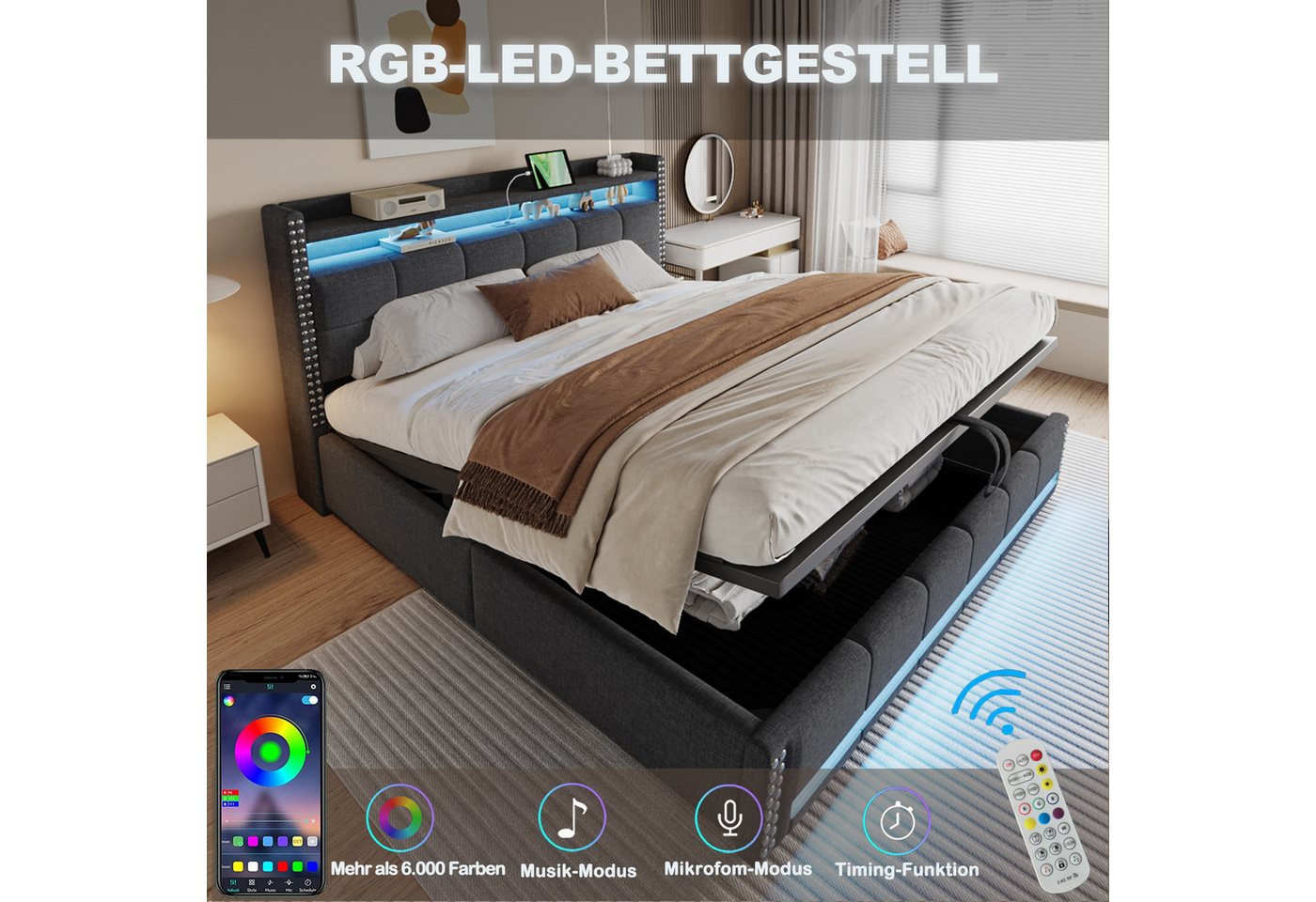 Flieks Polsterbett, LED Hydraulisches Stauraumbett Doppelbett 180x200cm mit USB-Aufladen – Bild 4 von 5