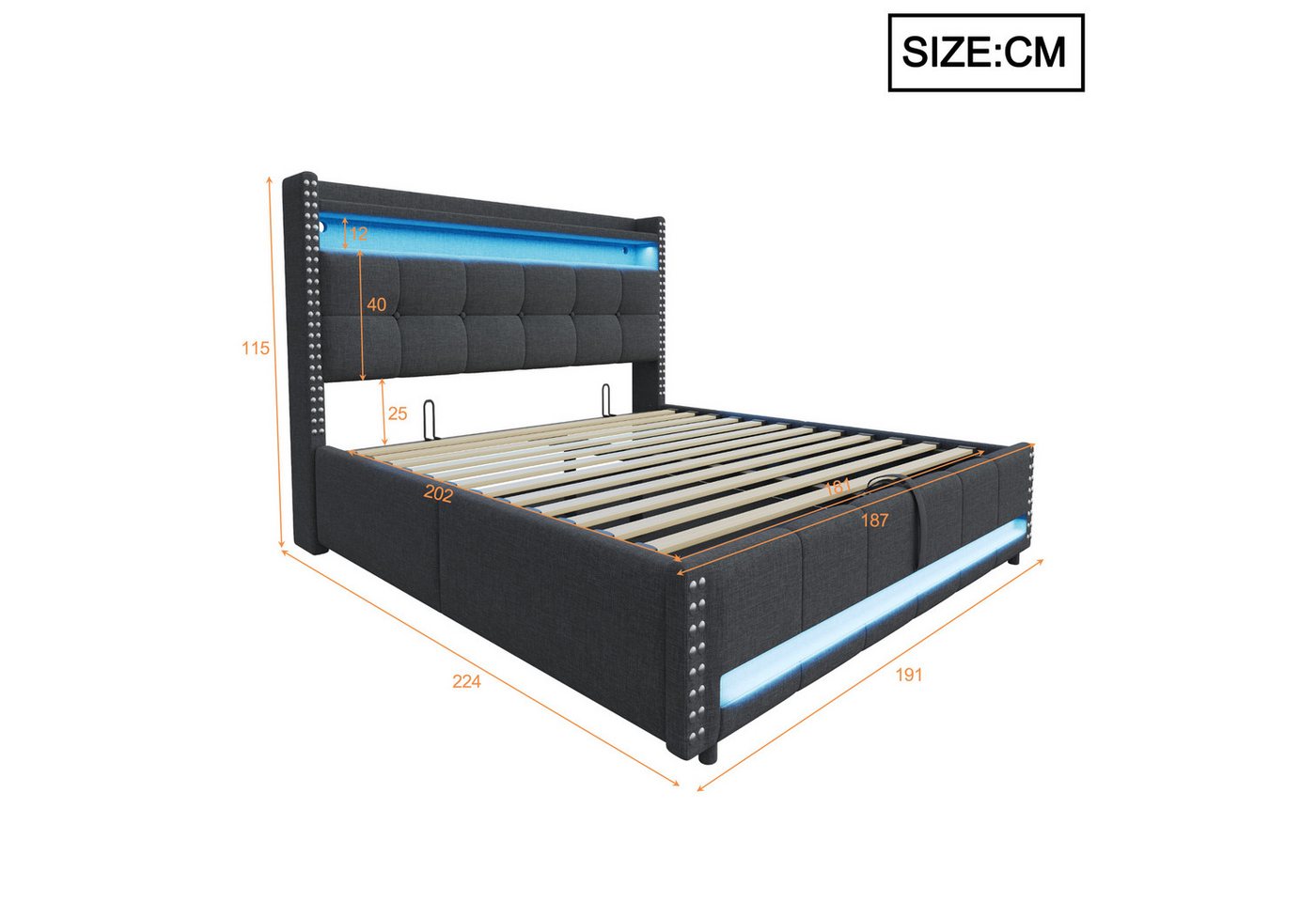 Flieks Polsterbett, LED Hydraulisches Stauraumbett Doppelbett 180x200cm mit USB-Aufladen – Bild 5 von 5