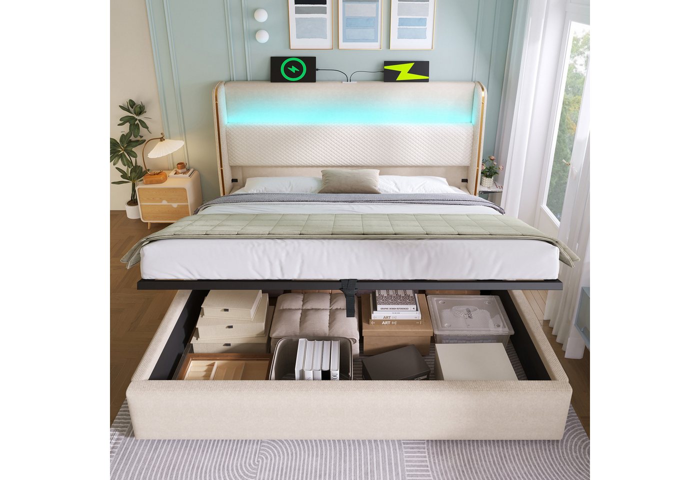 Flieks Polsterbett, Hydraulisches Stauraumbett 180x200cm mit LED-Beleuchtung & USB/Type-C – Bild 3 von 5