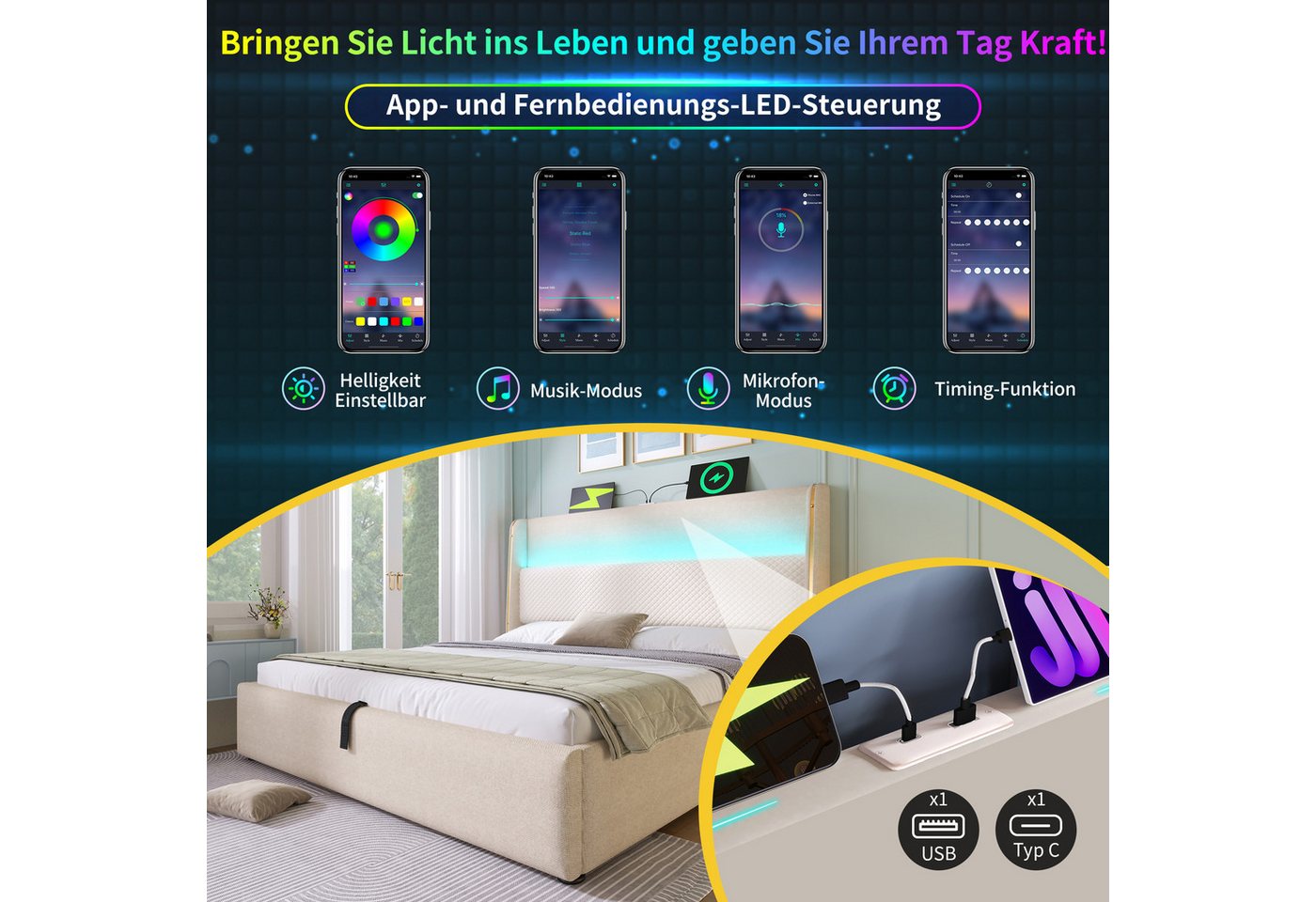 Flieks Polsterbett, Hydraulisches Stauraumbett 180x200cm mit LED-Beleuchtung & USB/Type-C – Bild 4 von 5