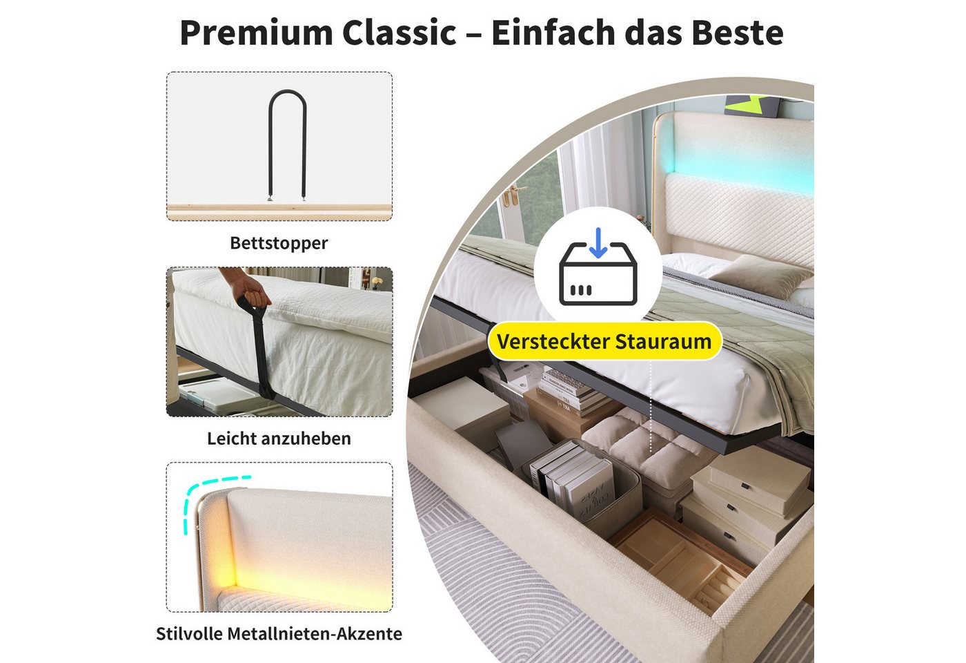Flieks Polsterbett, Hydraulisches Stauraumbett 180x200cm mit LED-Beleuchtung & USB/Type-C – Bild 5 von 5