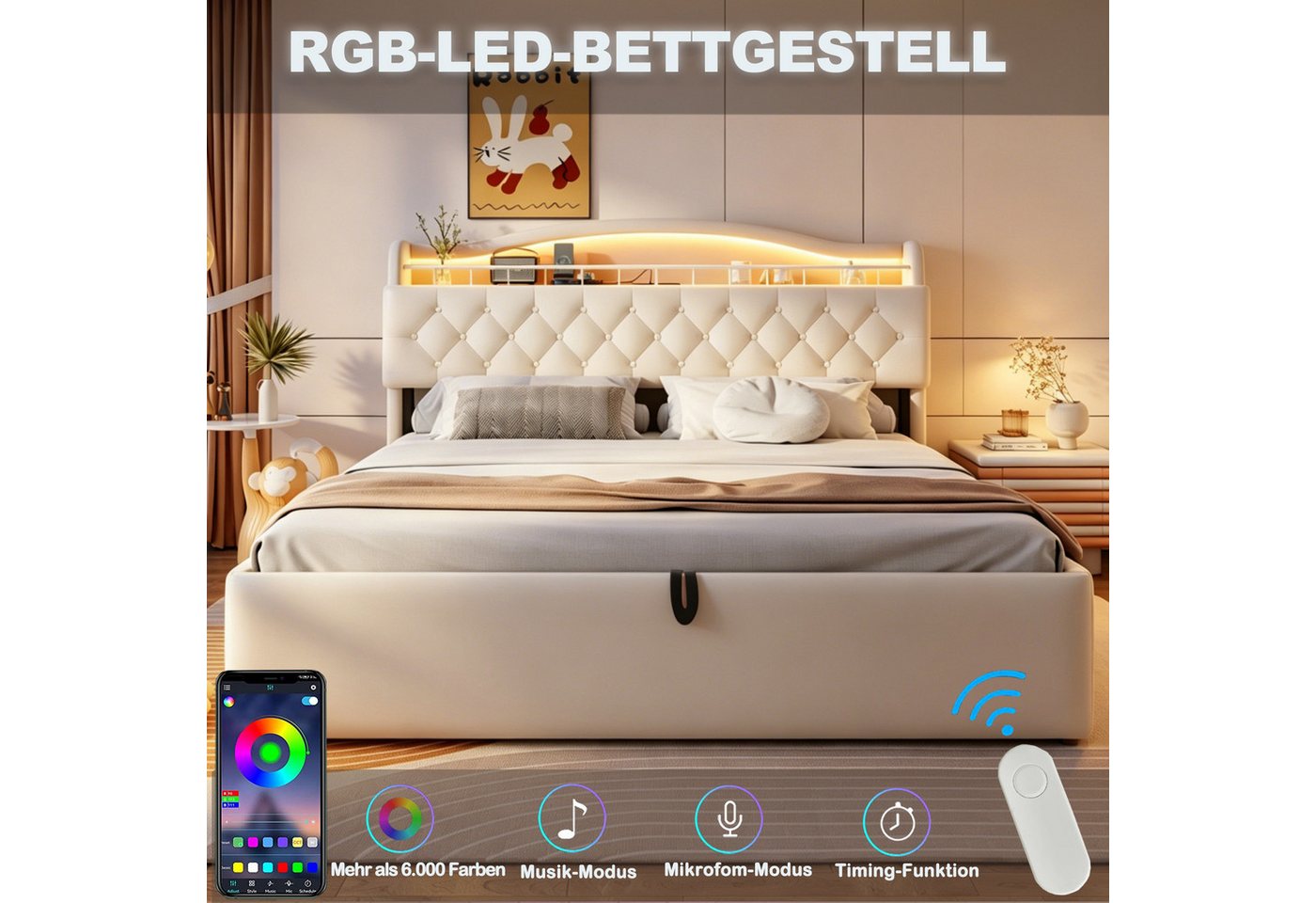 Flieks Polsterbett, Hydraulisches Kinderbett 140x200cm mit LED, Stauraum und Aufladen – Bild 3 von 5