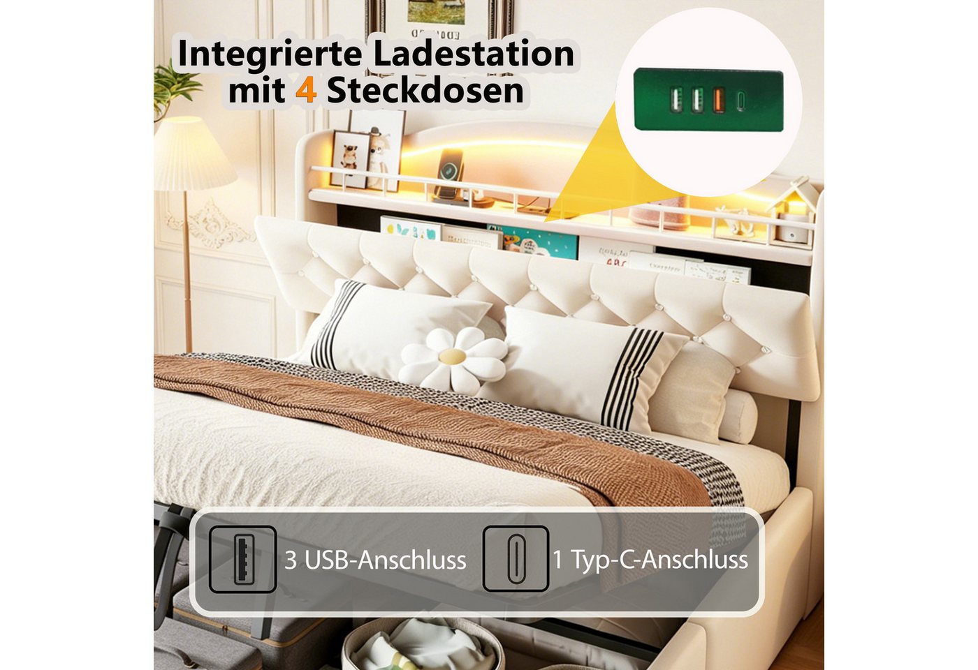 Flieks Polsterbett, Hydraulisches Kinderbett 140x200cm mit LED, Stauraum und Aufladen – Bild 4 von 5