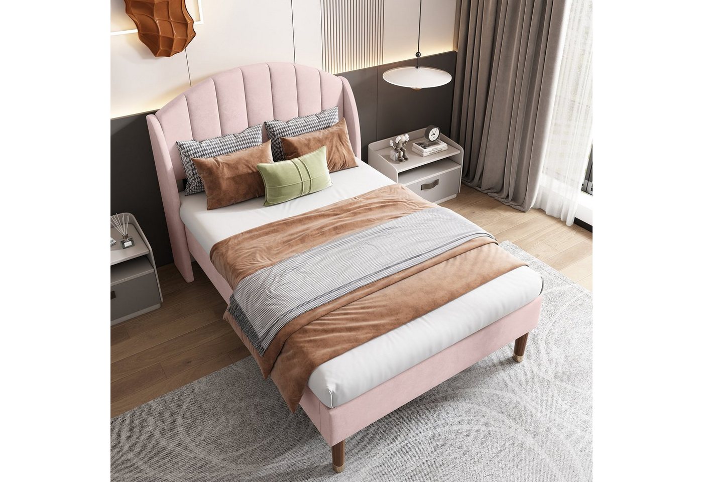Flieks Polsterbett, Einzelbett Massivholzbett Kiefer 90x200cm Samt – Bild 2 von 5