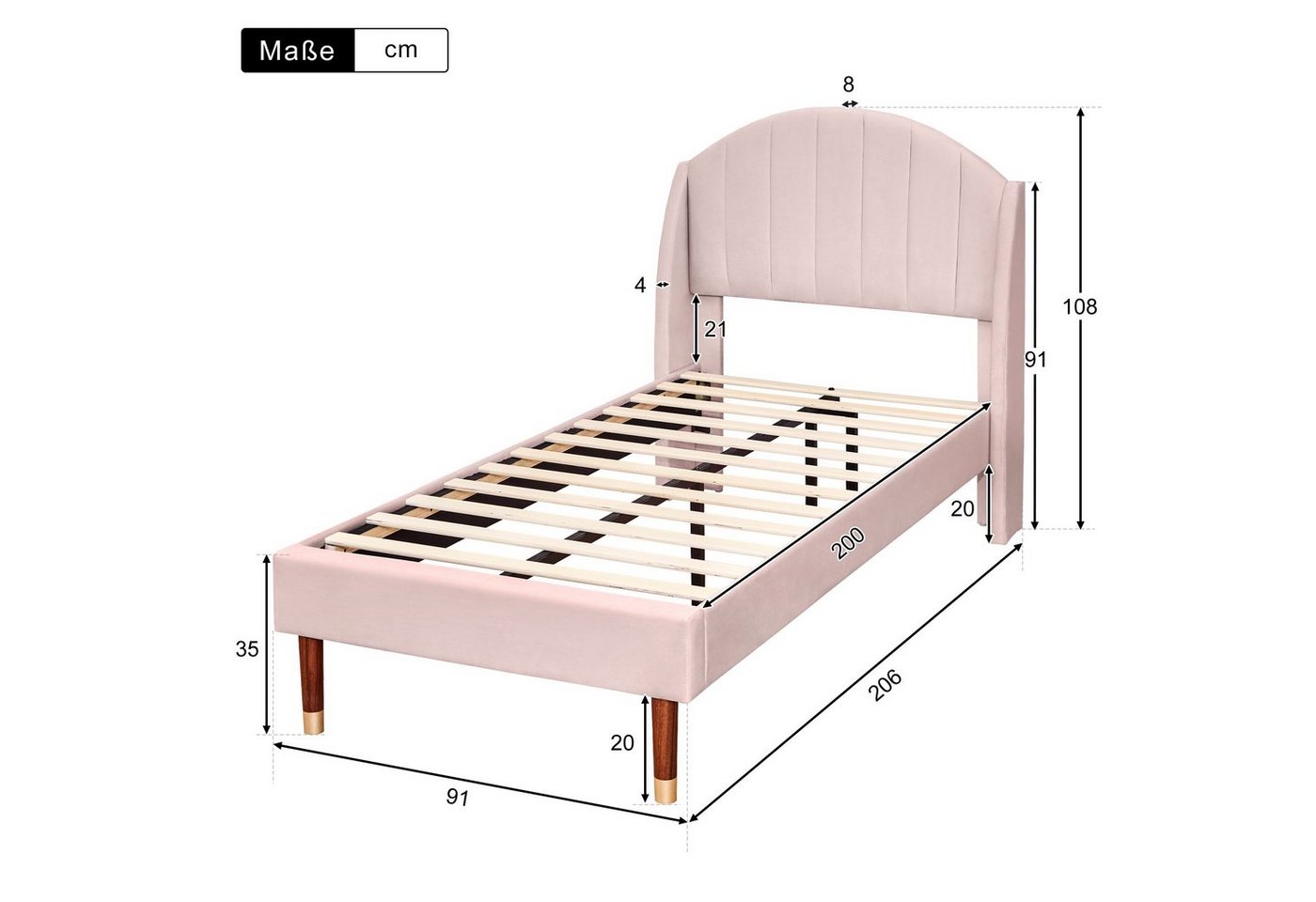 Flieks Polsterbett, Einzelbett Massivholzbett Kiefer 90x200cm Samt – Bild 3 von 5