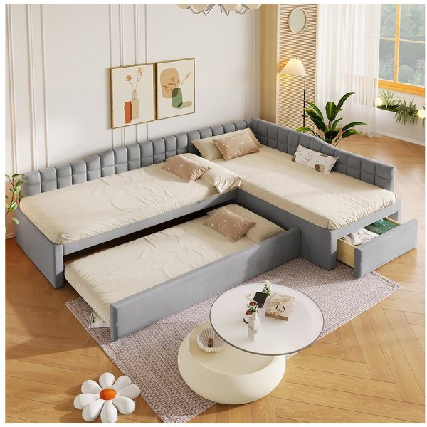 Flieks Polsterbett, L-förmiges Kinderbett 90x200cm mit Ausziehbett 90x190cm & Schublade*1