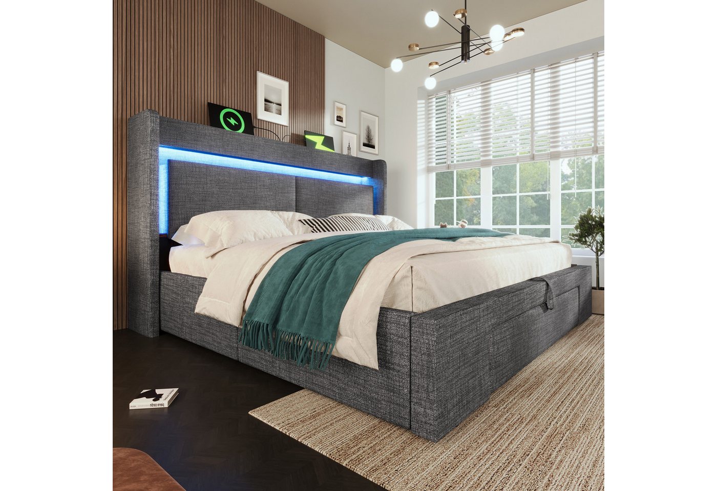 Flieks Polsterbett, Hydraulisches Stauraumbett 180x200cm mit LED & Aufladen und Schublade – Bild 2 von 5