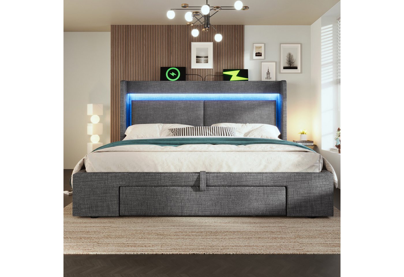Flieks Polsterbett, Hydraulisches Stauraumbett 180x200cm mit LED & Aufladen und Schublade – Bild 3 von 5
