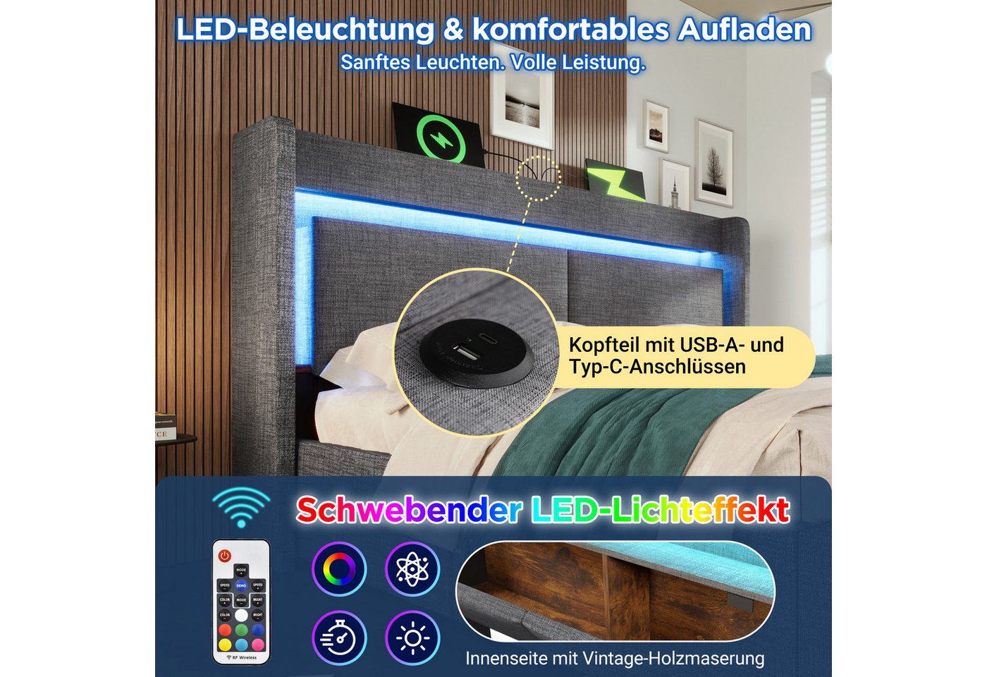 Flieks Polsterbett, Hydraulisches Stauraumbett 180x200cm mit LED & Aufladen und Schublade – Bild 4 von 5