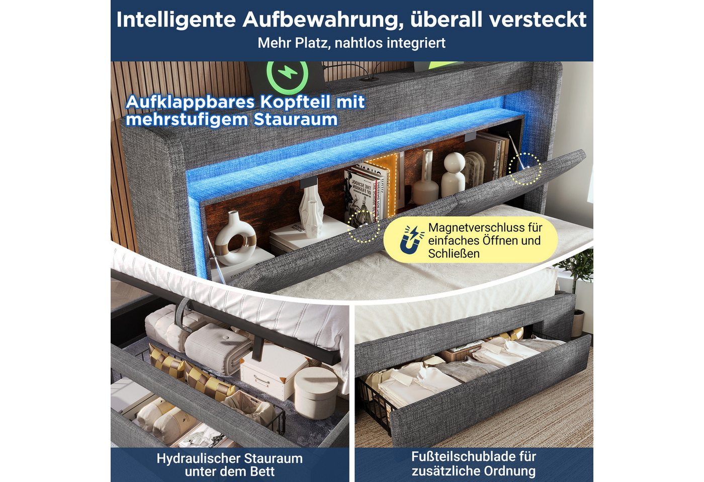 Flieks Polsterbett, Hydraulisches Stauraumbett 180x200cm mit LED & Aufladen und Schublade – Bild 5 von 5