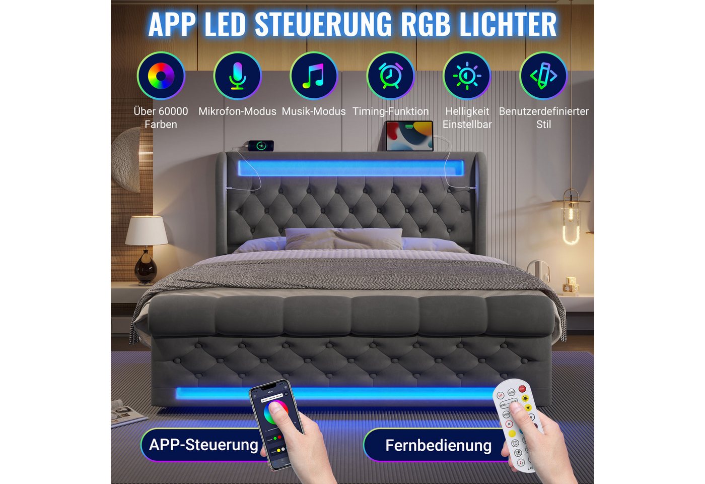 Flieks Polsterbett, Hydraulisches Stauraumbett 140x190cm mit LED Beleuchtung und USB/Typ-C – Bild 4 von 5