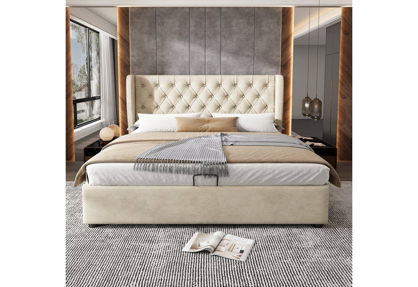 Flieks Polsterbett, Staumraumbett Doppelbett Kiefernholz Flanell 160*200cm – Bild 2 von 5