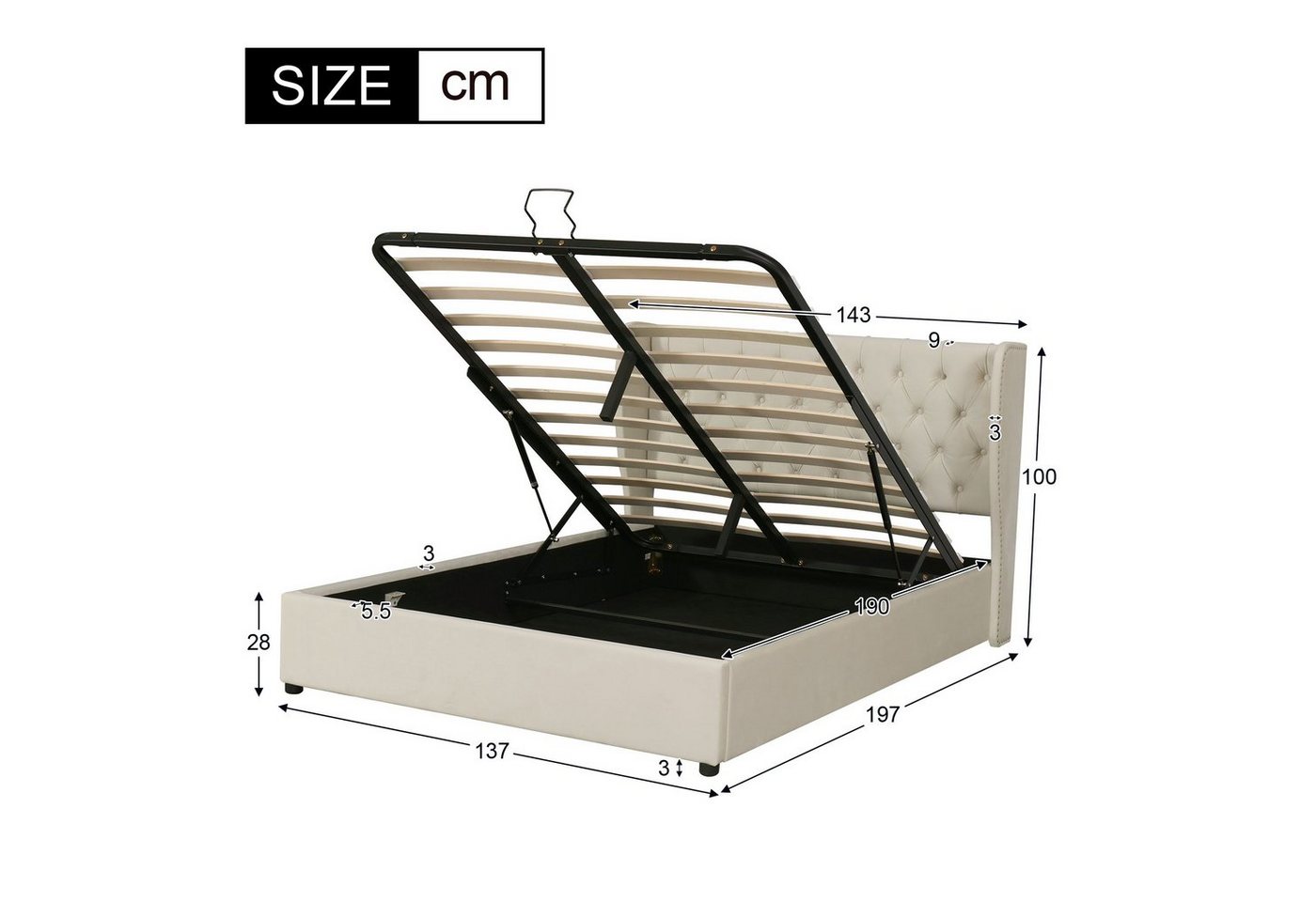 Flieks Polsterbett, Staumraumbett Doppelbett Kiefernholz Flanell 160*200cm – Bild 3 von 5