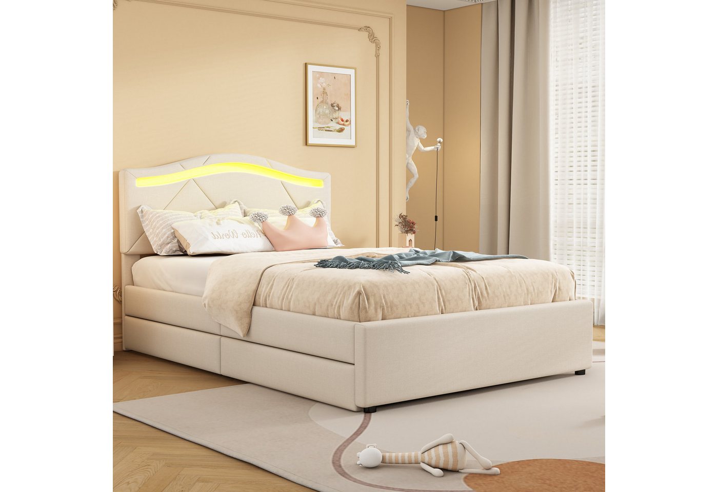 Flieks Polsterbett, LED Einzelbett 90x200cm mit 2 Schubladen und verstellbarem Kopfteil – Bild 2 von 5