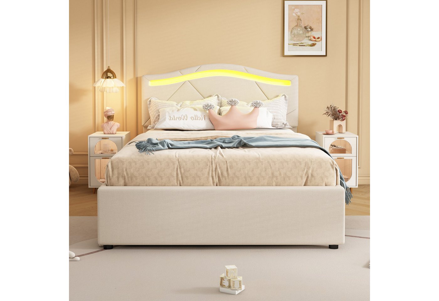 Flieks Polsterbett, LED Einzelbett 90x200cm mit 2 Schubladen und verstellbarem Kopfteil – Bild 3 von 5