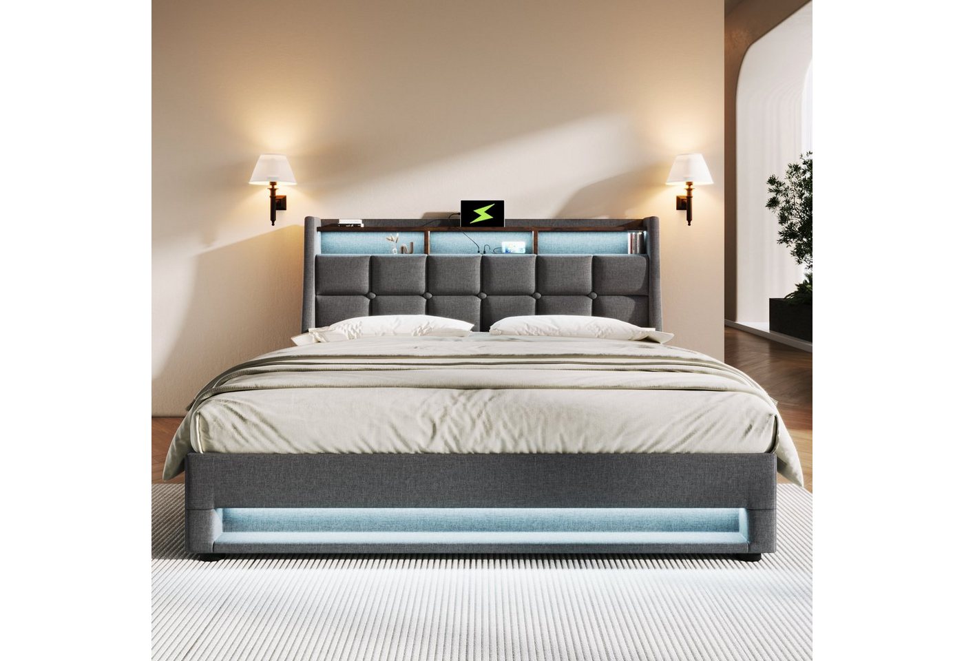 Flieks Polsterbett, LED Hydraulisches Stauraumbett Doppelbett 160x200cm mit Ladefunktion – Bild 3 von 5