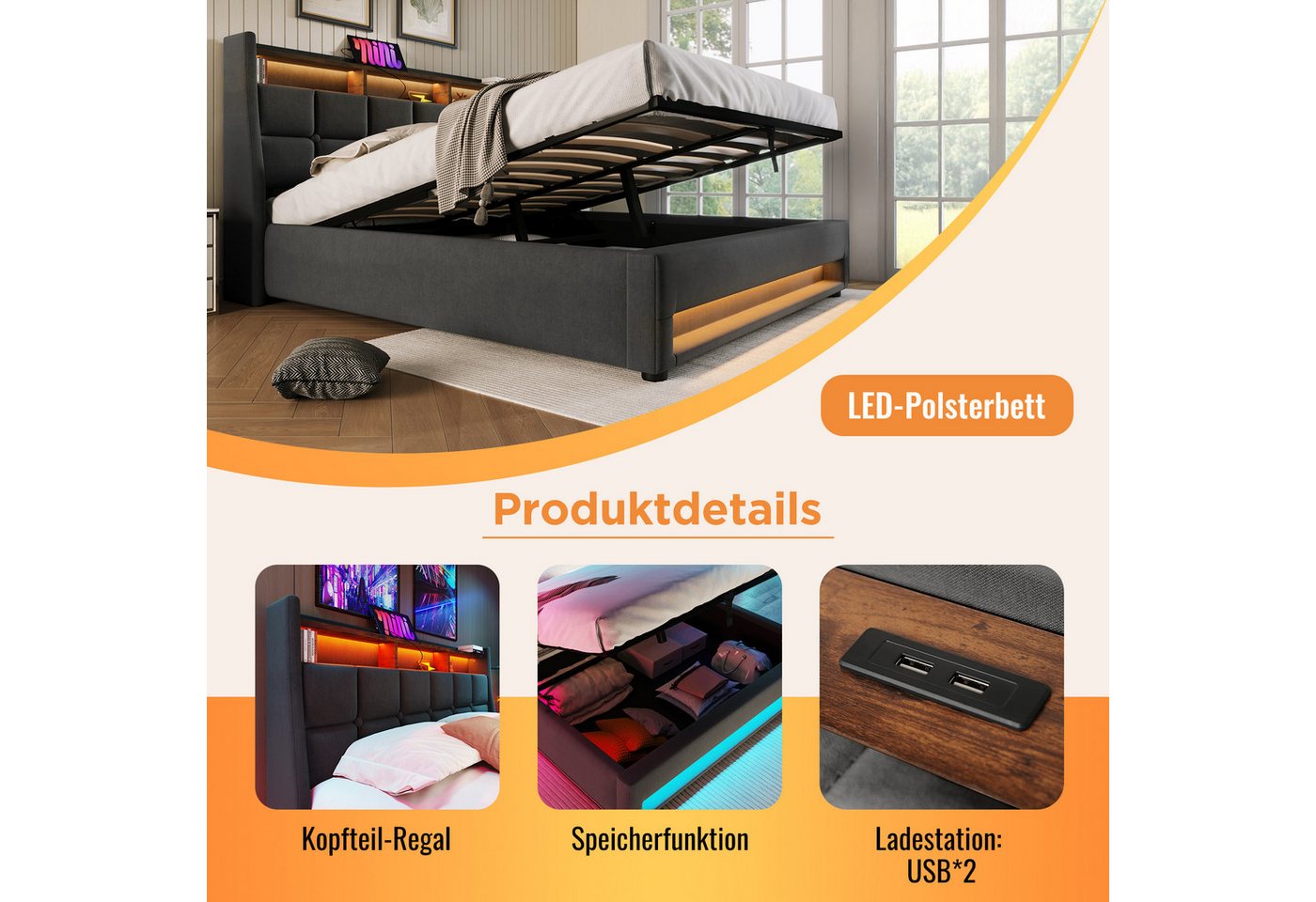 Flieks Polsterbett, LED Hydraulisches Stauraumbett Doppelbett 160x200cm mit Ladefunktion – Bild 5 von 5