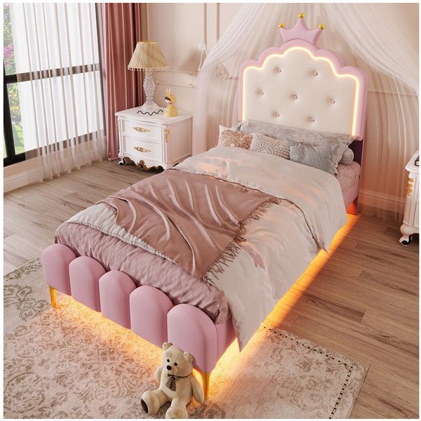 Flieks Polsterbett, LED Prinzessinnenbett Kinderbett 90x200cm mit Krone-Design-Kopfteil