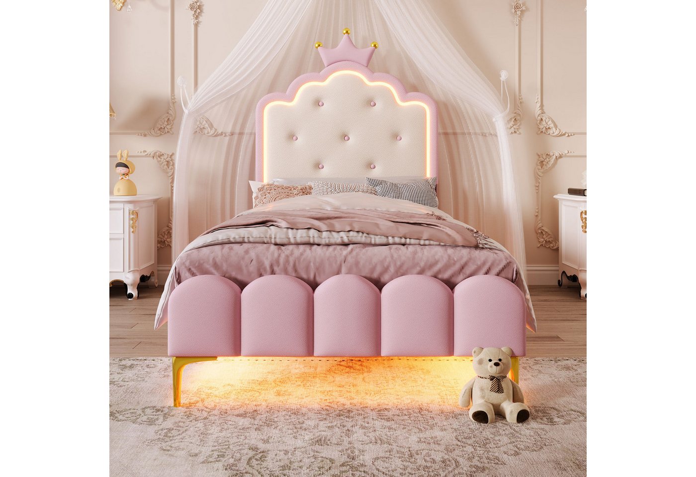 Flieks Polsterbett, LED Prinzessinnenbett Kinderbett 90x200cm mit Krone-Design-Kopfteil – Bild 2 von 5