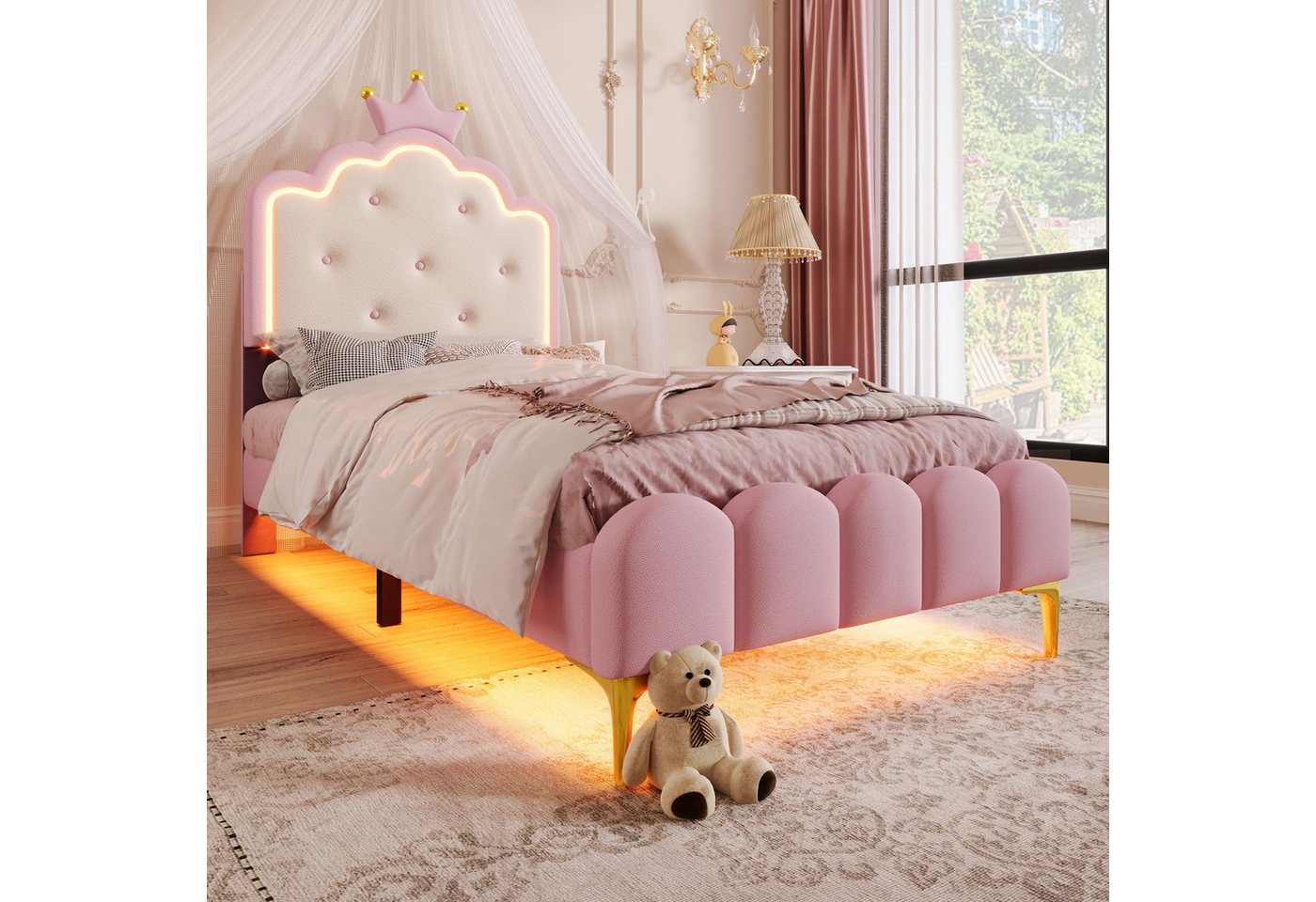 Flieks Polsterbett, LED Prinzessinnenbett Kinderbett 90x200cm mit Krone-Design-Kopfteil – Bild 3 von 5