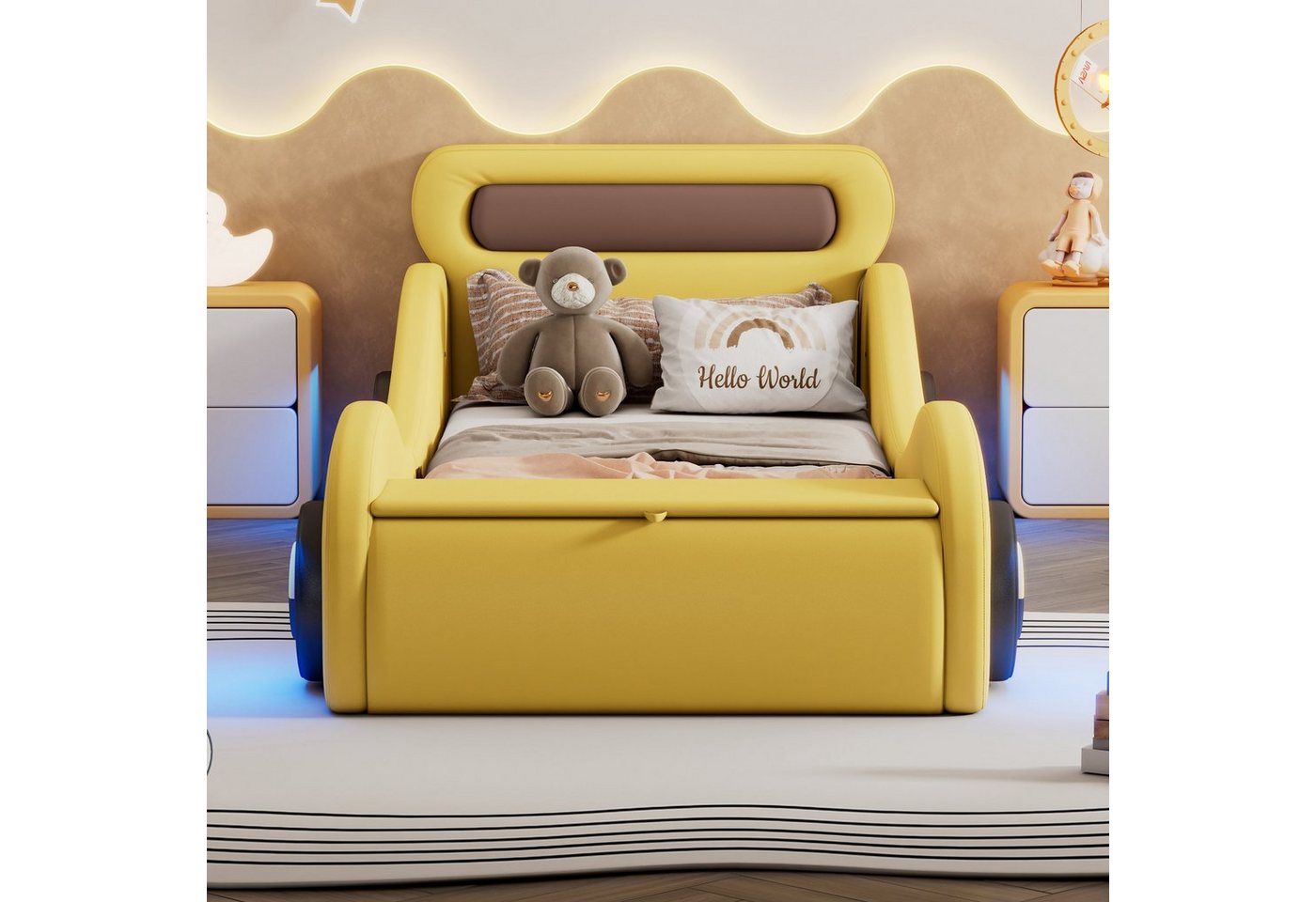 Flieks Polsterbett, Autobett Kinderbett mit leuchtenden Rädern und Stauraum 90×200cm – Bild 2 von 5