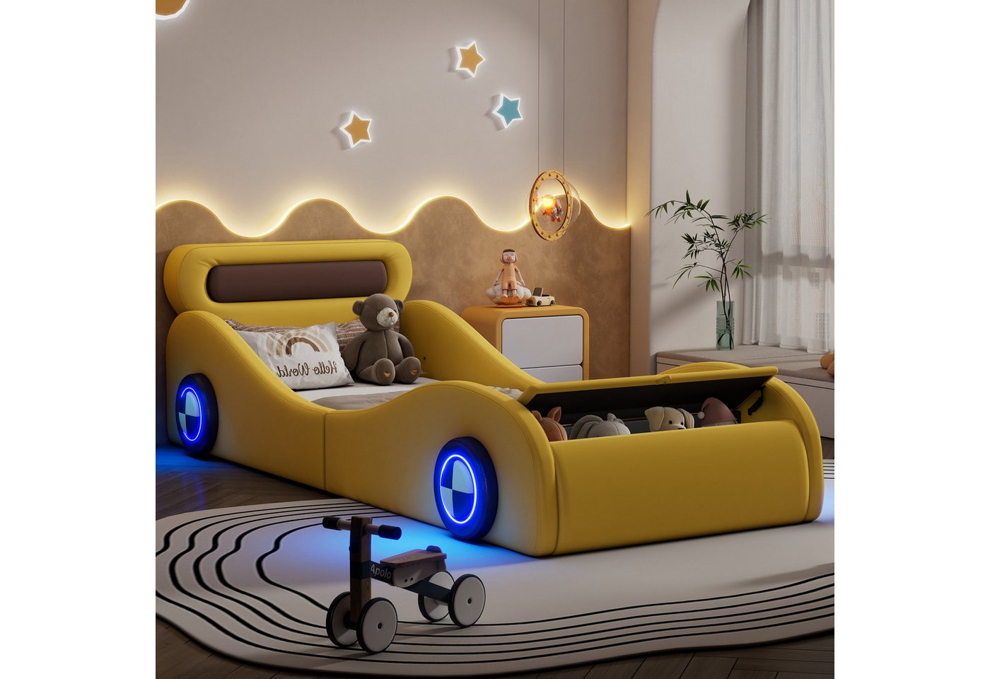 Flieks Polsterbett, Autobett Kinderbett mit leuchtenden Rädern und Stauraum 90×200cm – Bild 3 von 5