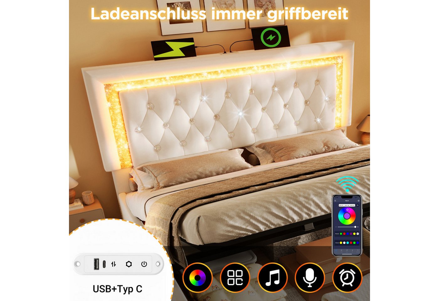 Flieks Polsterbett, Hydraulisches Stauraumbett 160x200cm mit LED-Diamantband & Ladestation – Bild 5 von 5