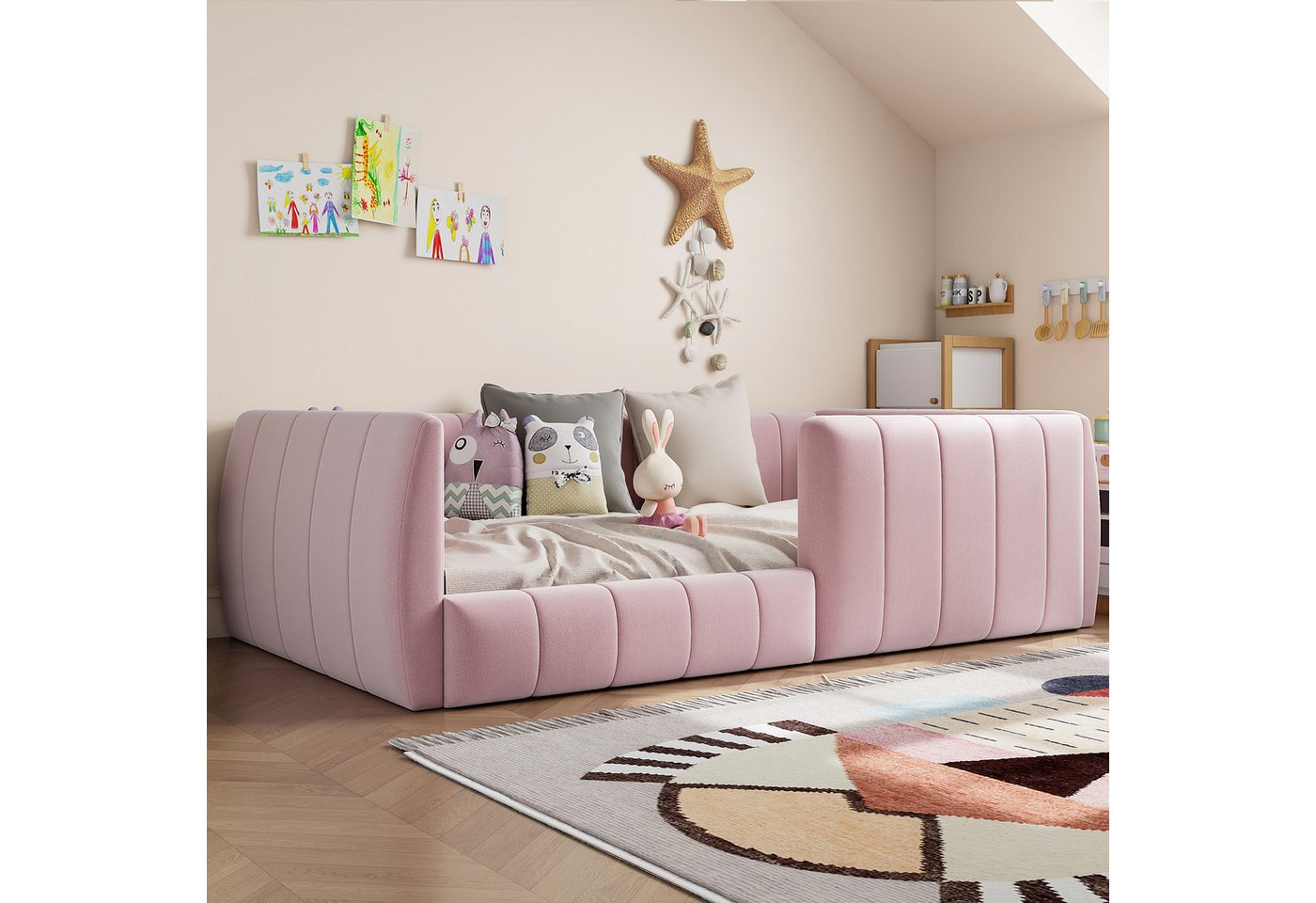 Flieks Polsterbett, Daybett Kinderbett Bodenbett 90x200cm mit Sicherheitsgeländer – Bild 2 von 5