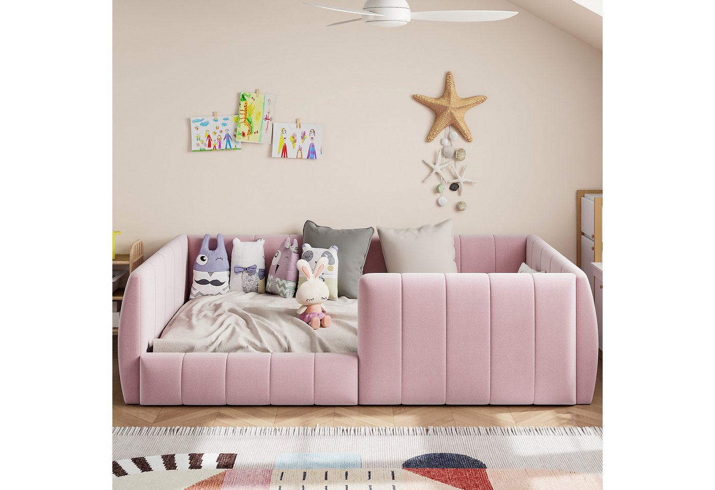 Flieks Polsterbett, Daybett Kinderbett Bodenbett 90x200cm mit Sicherheitsgeländer – Bild 3 von 5