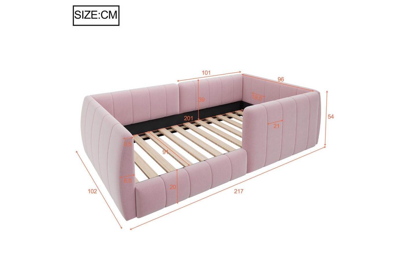 Flieks Polsterbett, Daybett Kinderbett Bodenbett 90x200cm mit Sicherheitsgeländer – Bild 4 von 5