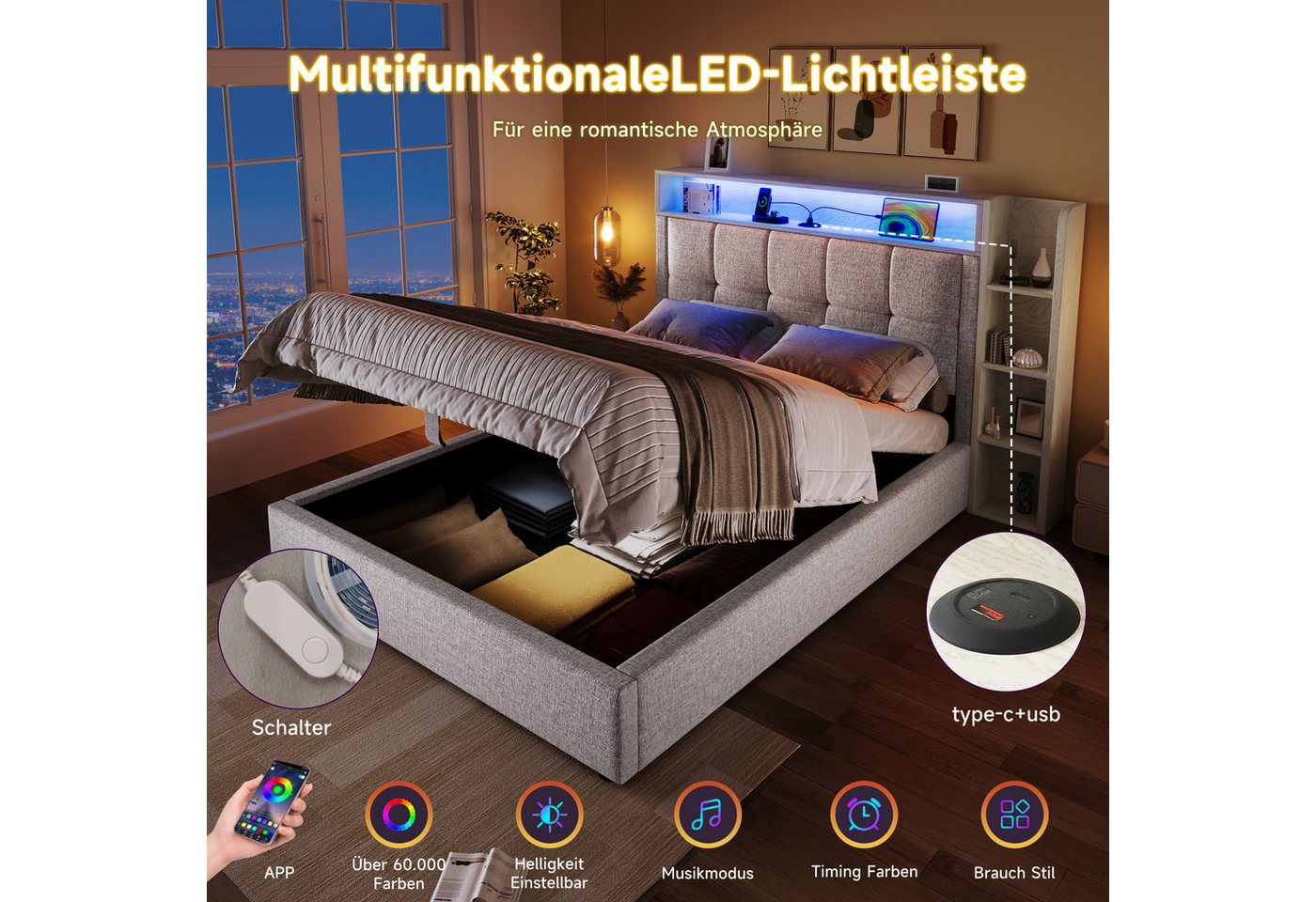 Flieks Polsterbett, Hydraulisches Stauraumbett 90x200cm mit Seitenregal USB/Type-c und LED – Bild 4 von 5