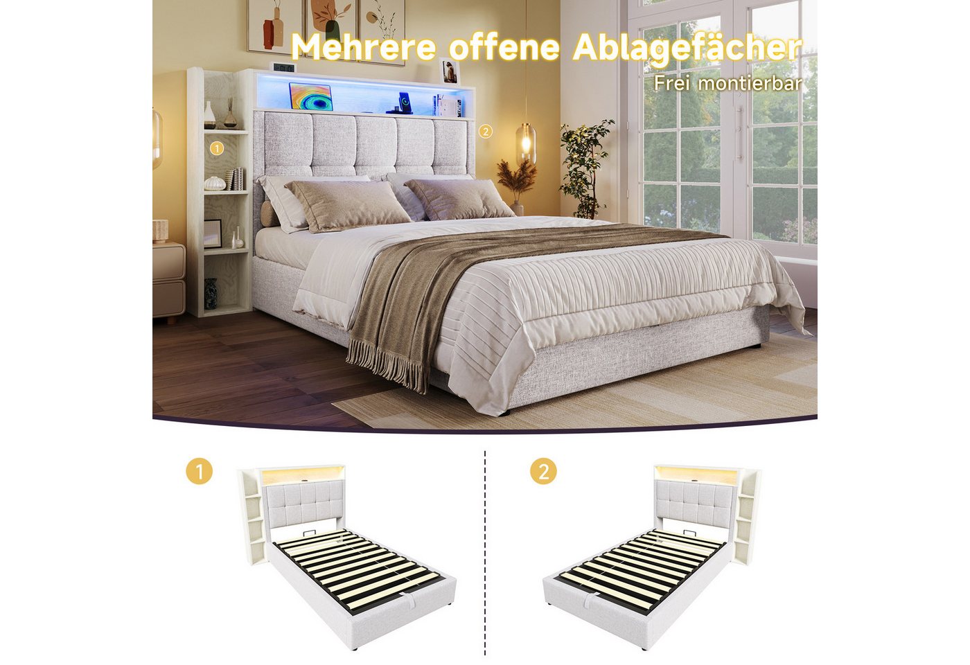 Flieks Polsterbett, Hydraulisches Stauraumbett 90x200cm mit Seitenregal USB/Type-c und LED – Bild 5 von 5